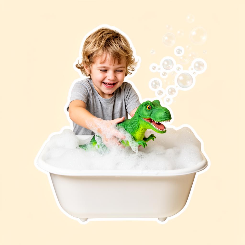 Enfant lavant un dinosaure dans une bassine de mousse